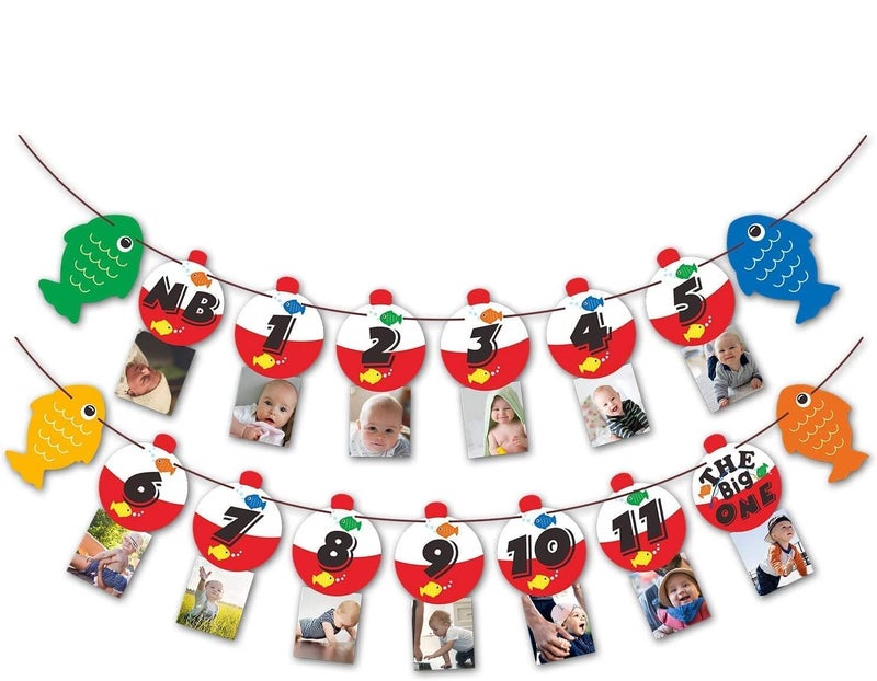Yaaaaasss! 12 Month Fishing Photo Banner Ofishally One Photo Banner The Big One Bobber Baby Monthly Photo Props Fishing Birthday Decorations for 1st Birthday Supplies - Image 1